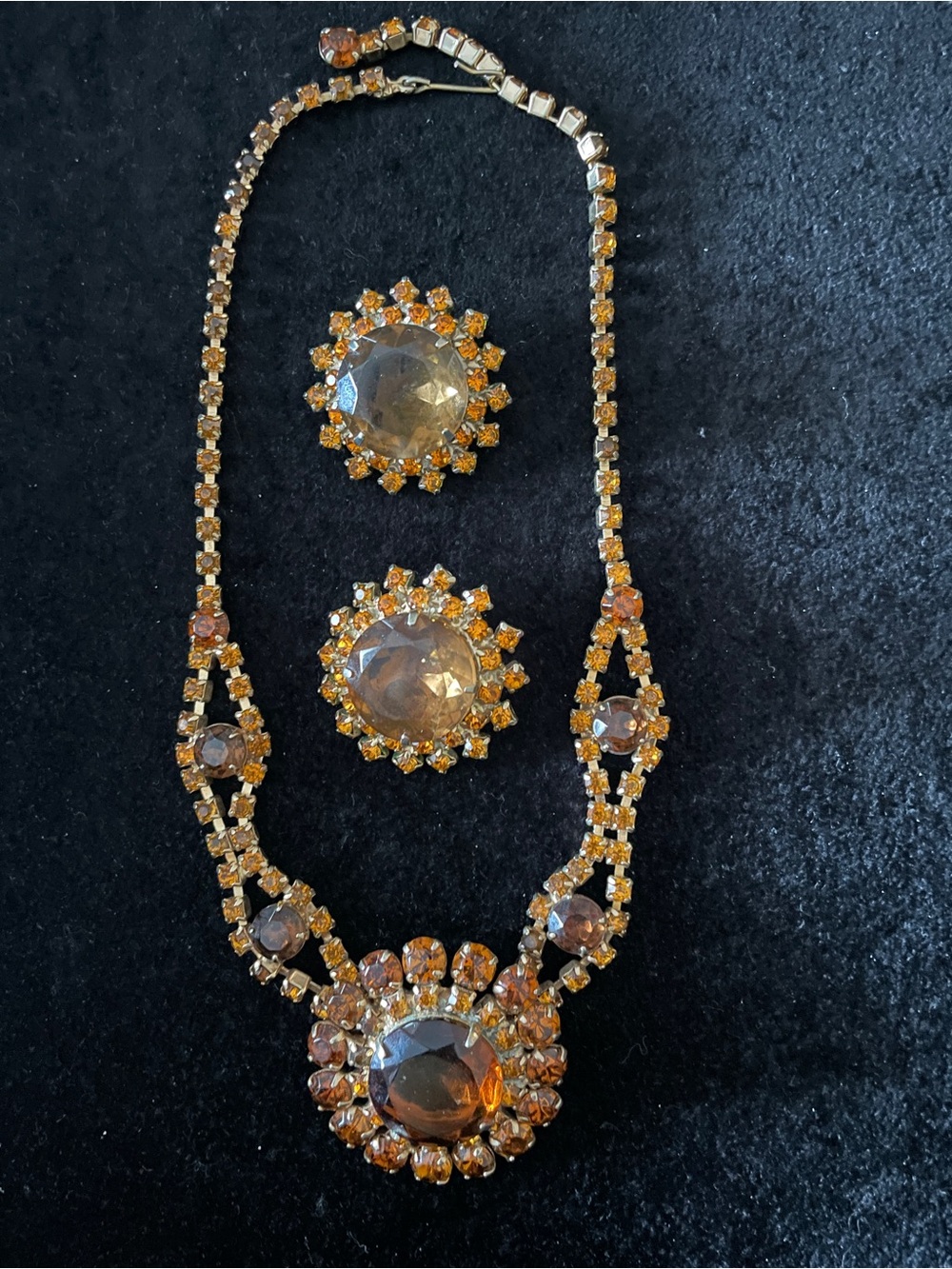 Vintage Gold-Tone Amber Crystal Necklace and Earrings Set